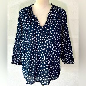 Ann Taylor LOFT Blue & White Polka Dot Split Neck Blouse